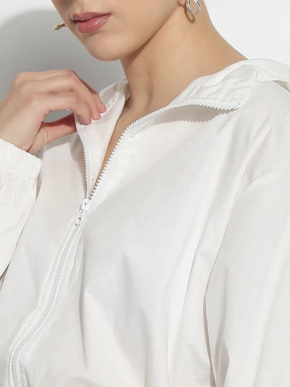 Women's White Shirt Collar Crop Tailored Jacket with Slit Sleeve Details