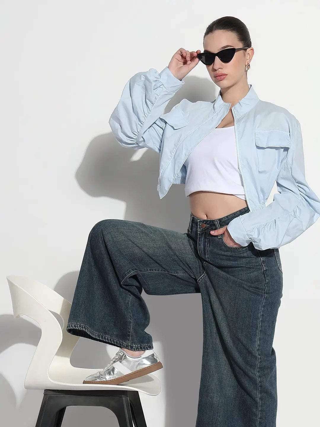 Women's Blue Ruched Sleeve Cropped Bomber Jacket