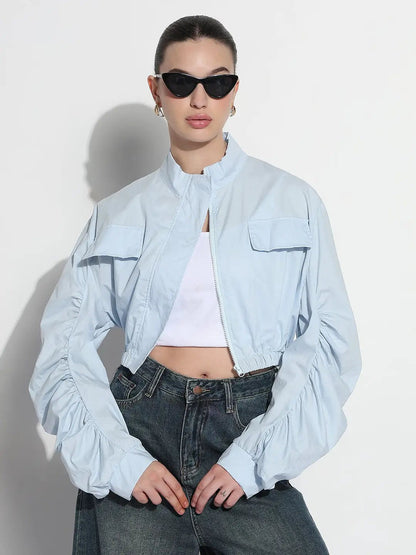 Women's Blue Ruched Sleeve Cropped Bomber Jacket