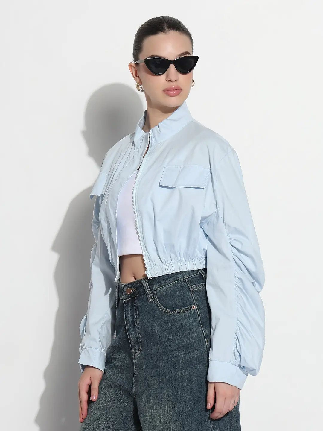 Women's Blue Ruched Sleeve Cropped Bomber Jacket