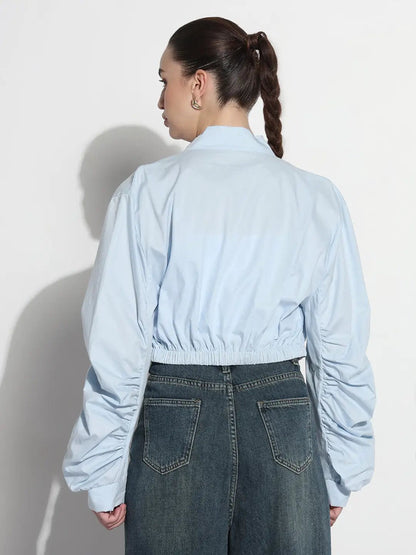Women's Blue Ruched Sleeve Cropped Bomber Jacket
