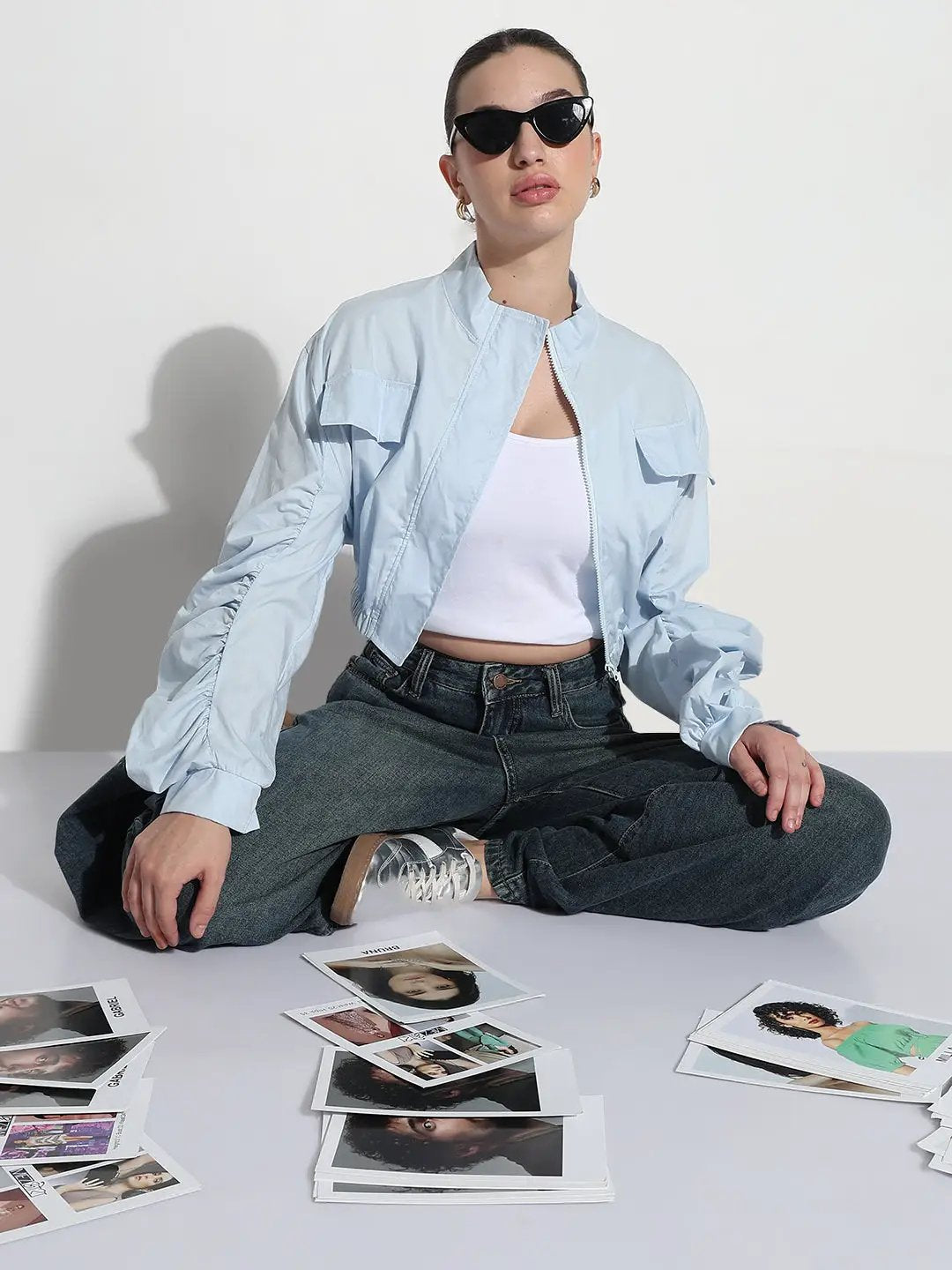 Women's Blue Ruched Sleeve Cropped Bomber Jacket