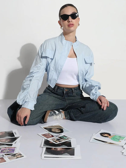 Women's Blue Ruched Sleeve Cropped Bomber Jacket