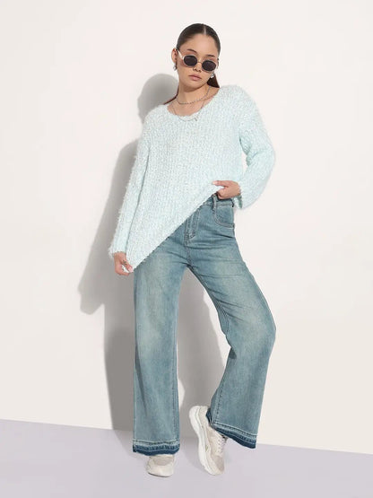 Women's Blue Round Neck Knitted Fuzzy Top