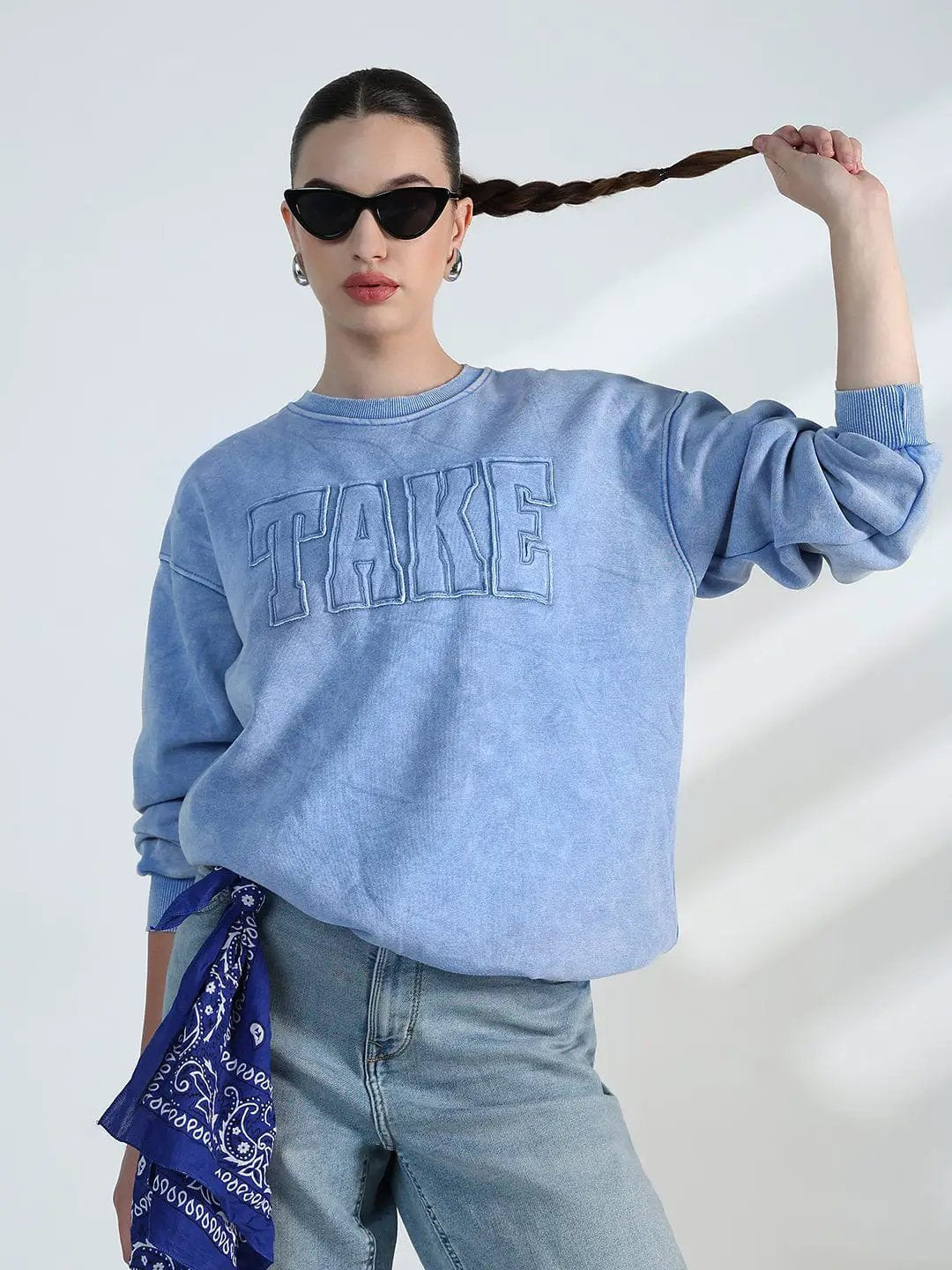 Women's Typography Blue Round Neck Oversized Sweatshirt