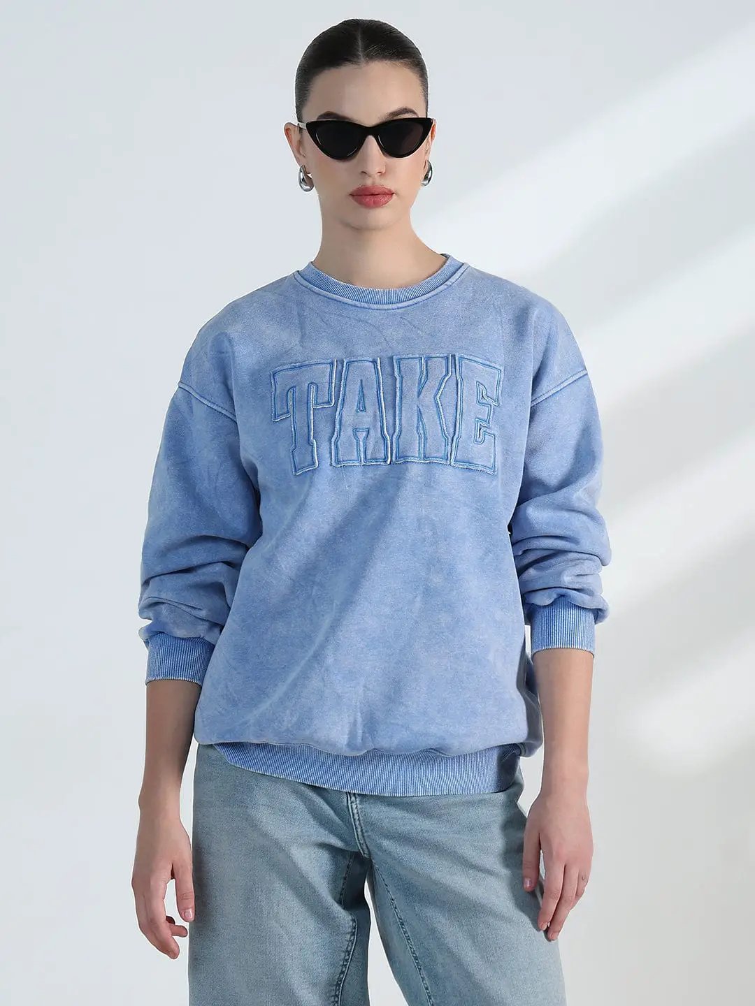 Women's Typography Blue Round Neck Oversized Sweatshirt