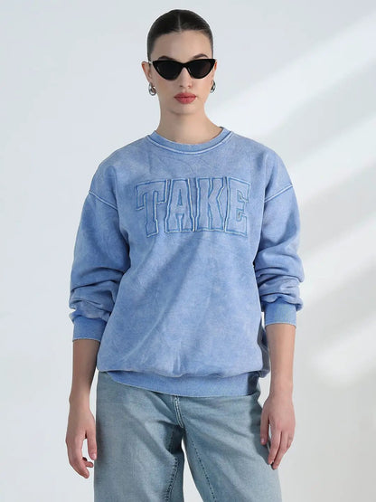 Women's Typography Blue Round Neck Oversized Sweatshirt