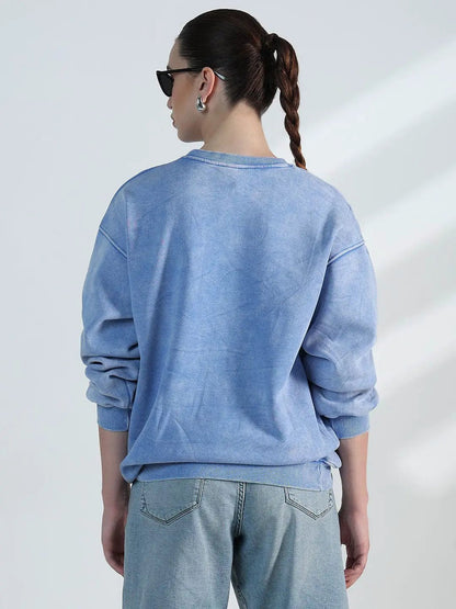Women's Typography Blue Round Neck Oversized Sweatshirt