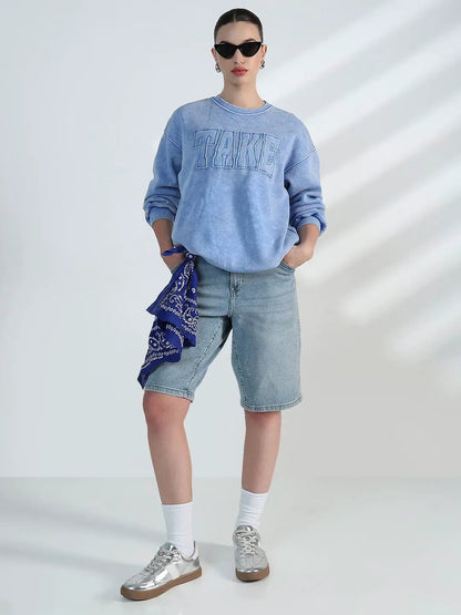 Women's Typography Blue Round Neck Oversized Sweatshirt