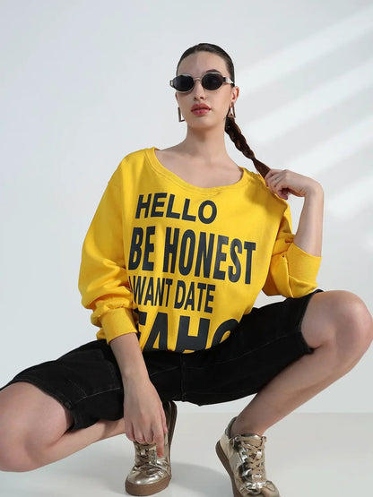 Women's Typography Yellow Scoop Neck Oversized Sweatshirt