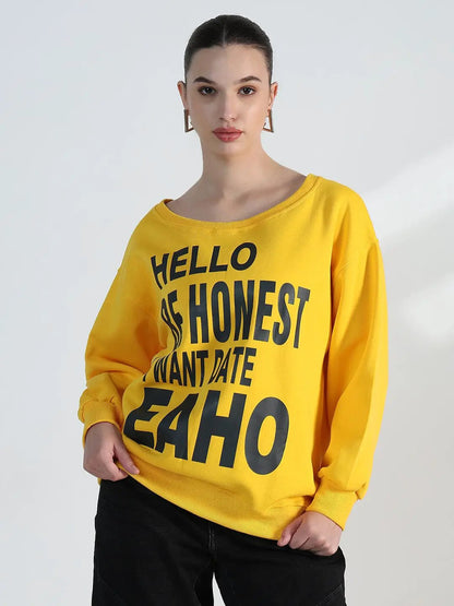 Women's Typography Yellow Scoop Neck Oversized Sweatshirt