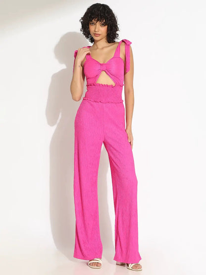 Women's Textured Pink Tie-Up Shoulder Top with Smocked Waistline Jumpsuit