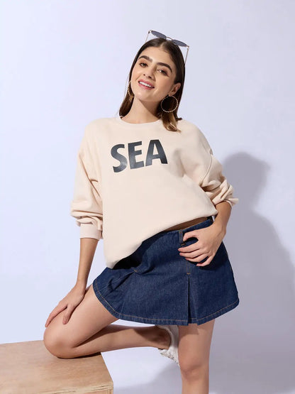 Women's Typography Printed Beige Oversized Round Neck Sweatshirt