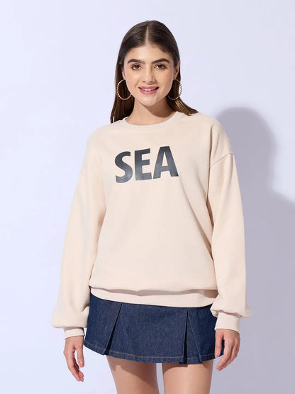 Women's Typography Printed Beige Oversized Round Neck Sweatshirt