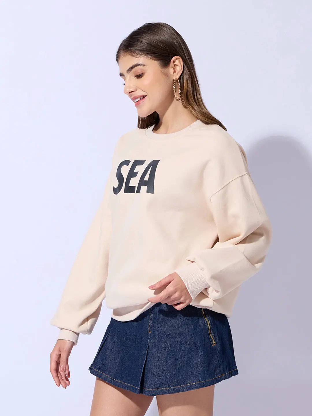 Women's Typography Printed Beige Oversized Round Neck Sweatshirt