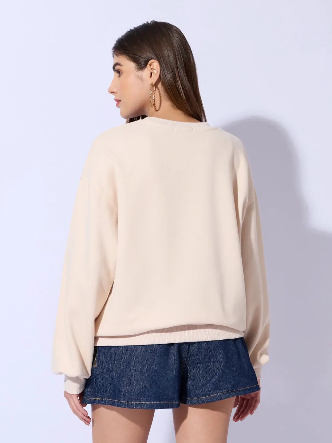 Women's Typography Printed Beige Oversized Round Neck Sweatshirt