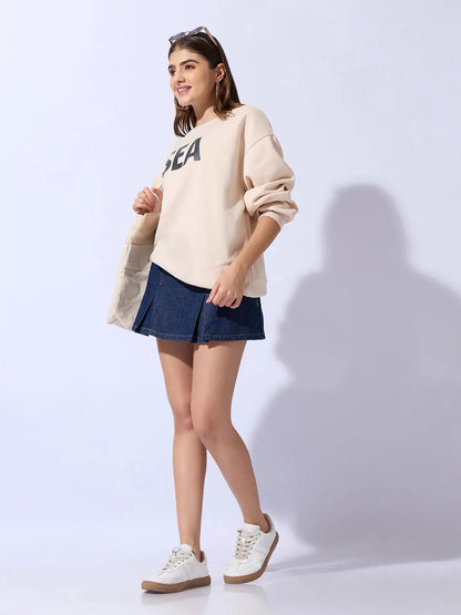 Women's Typography Printed Beige Oversized Round Neck Sweatshirt