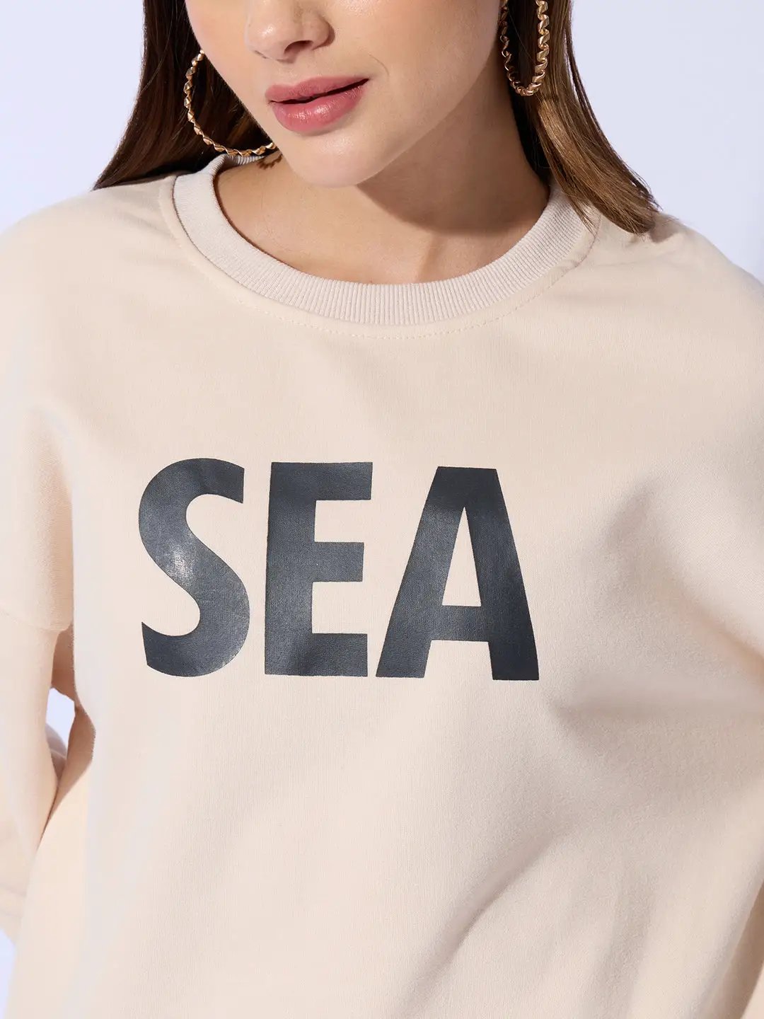 Women's Typography Printed Beige Oversized Round Neck Sweatshirt
