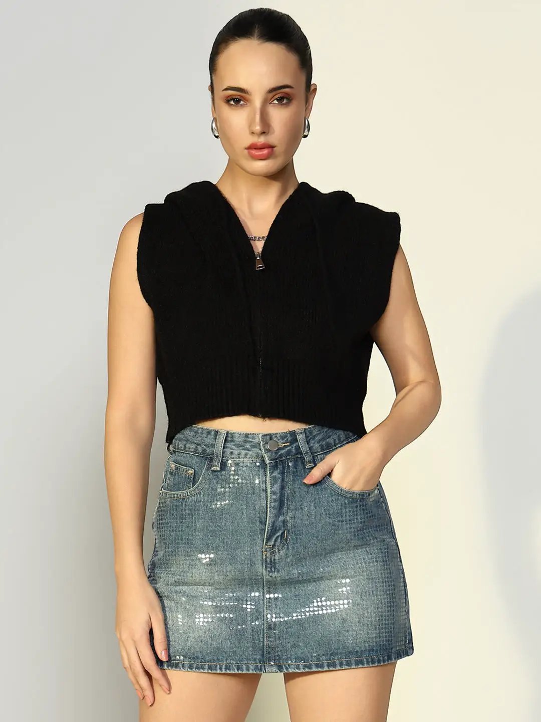 Women's Ribbed Black Hooded Top with Zip