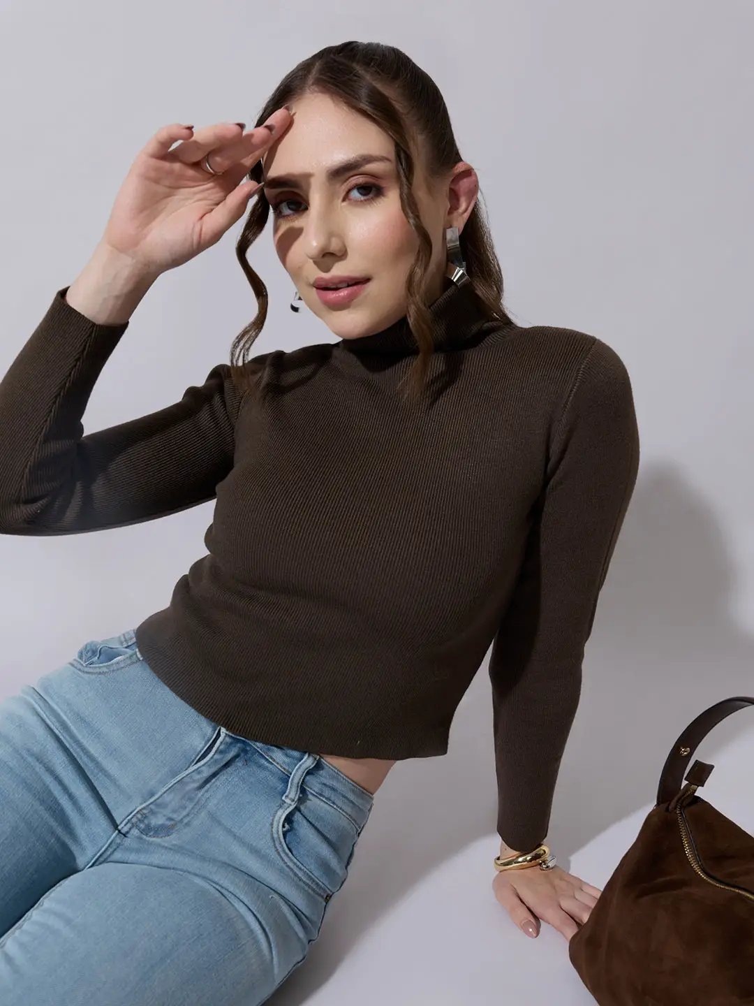 Women's Ribbed Olive High Neck Top