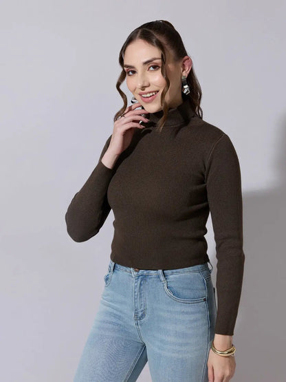 Women's Ribbed Olive High Neck Top