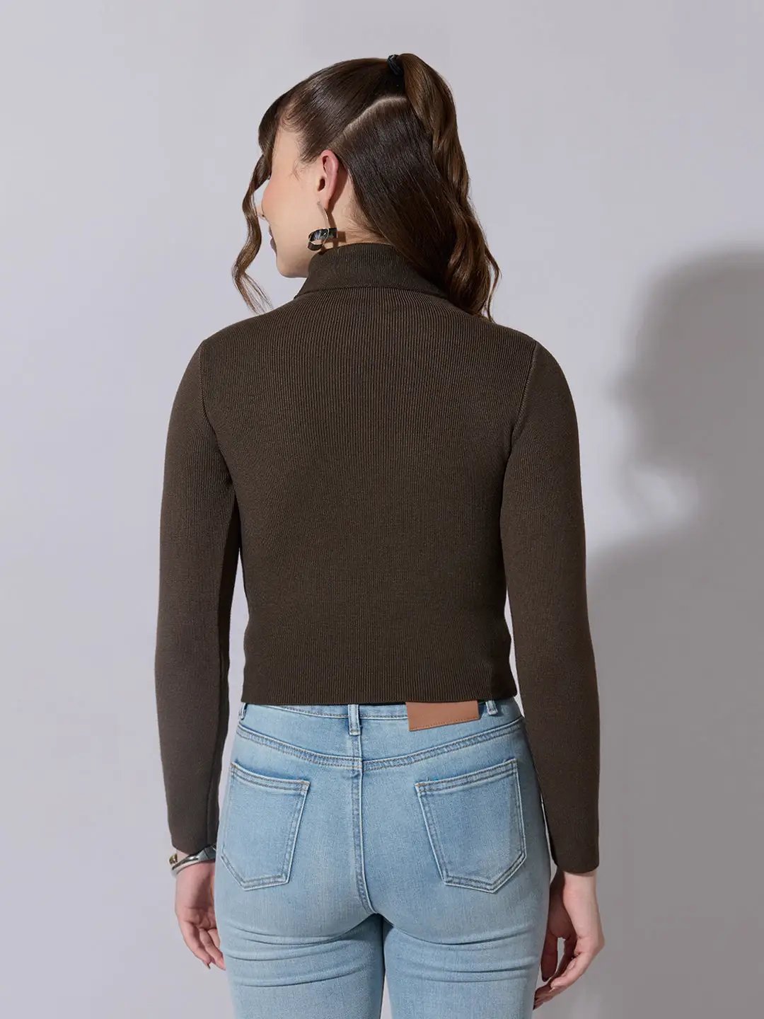 Women's Ribbed Olive High Neck Top
