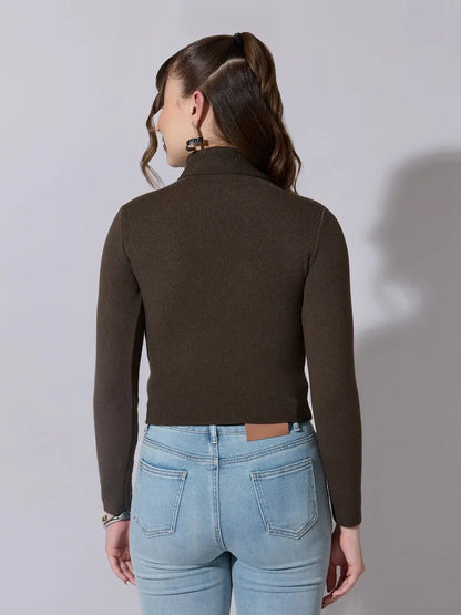 Women's Ribbed Olive High Neck Top