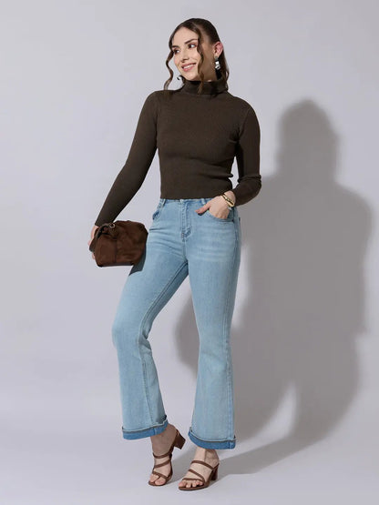 Women's Ribbed Olive High Neck Top