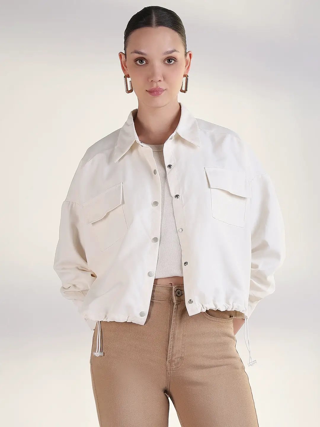Women's Solid Cream Spread Collar Tailored Jacket
