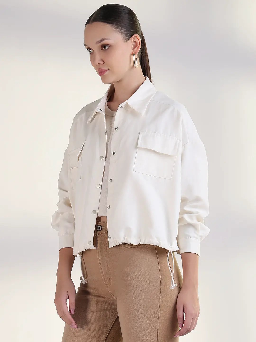Women's Solid Cream Spread Collar Tailored Jacket