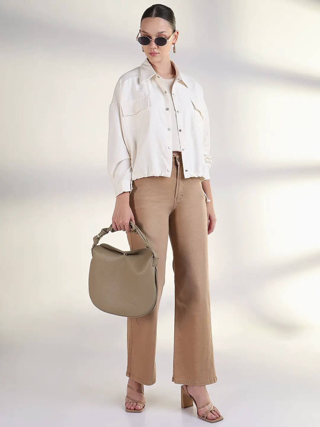Women's Solid Cream Spread Collar Tailored Jacket