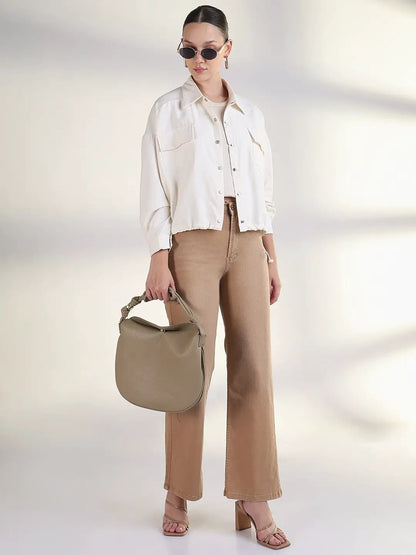 Women's Solid Cream Spread Collar Tailored Jacket