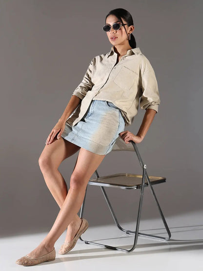 Women's Embellished Beige Shirt with Single Pocket