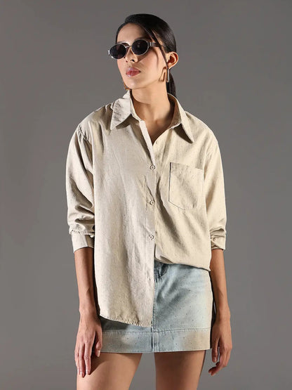 Women's Embellished Beige Shirt with Single Pocket