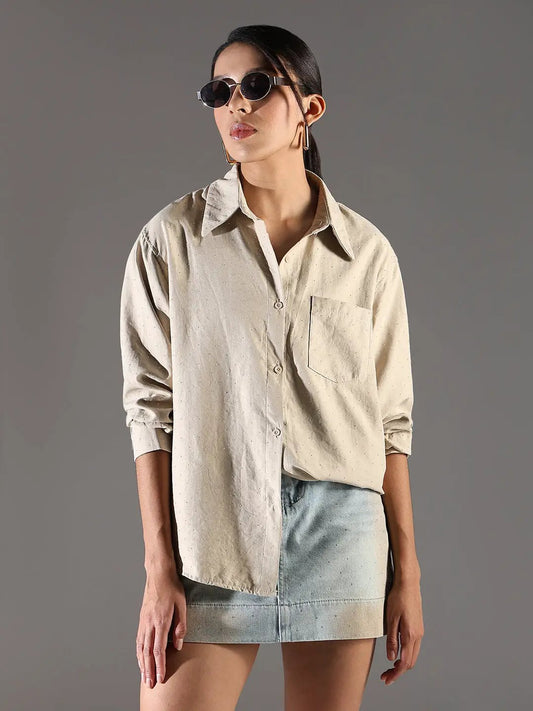 Women's Embellished Beige Shirt with Single Pocket