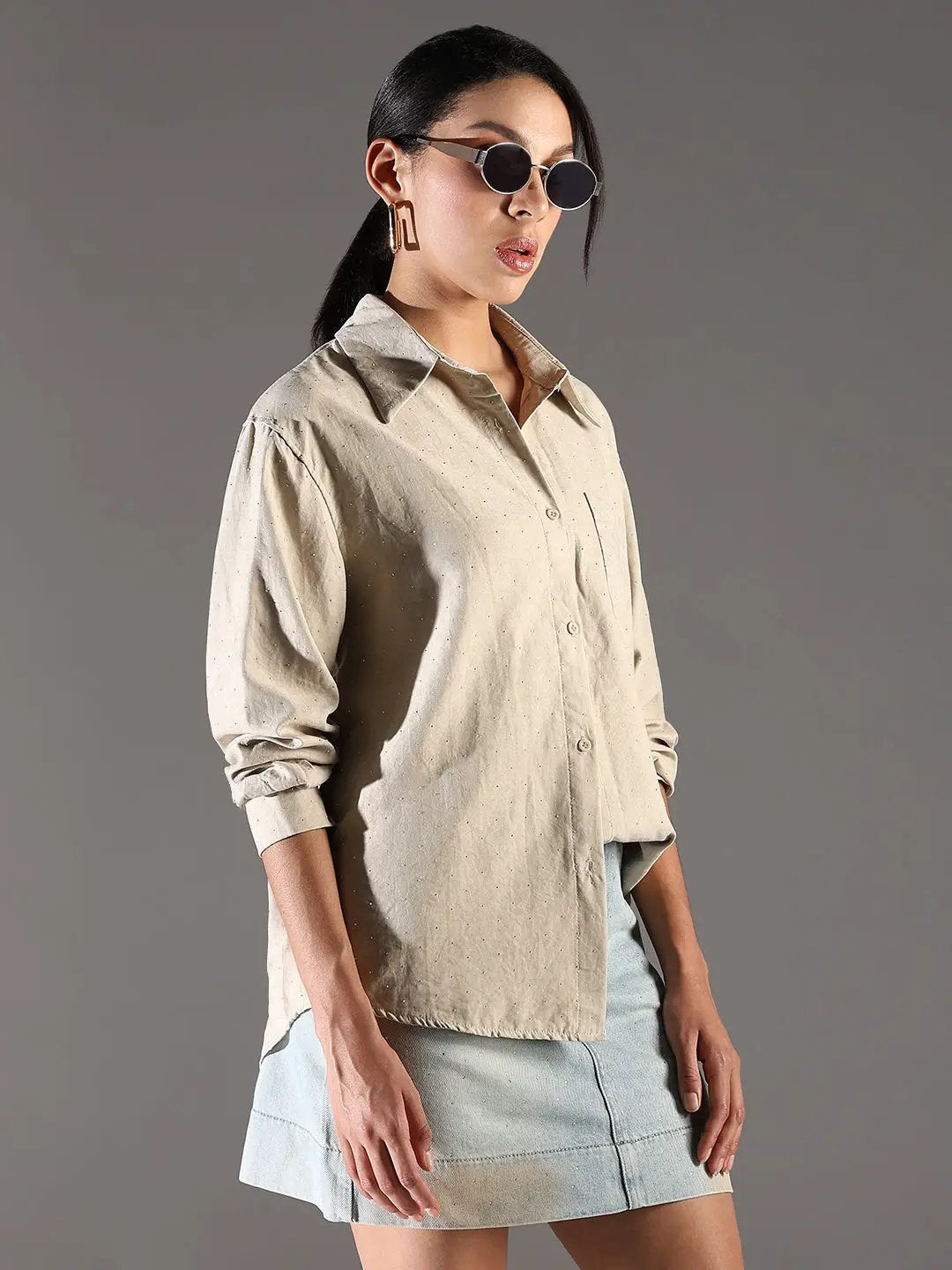 Women's Embellished Beige Shirt with Single Pocket