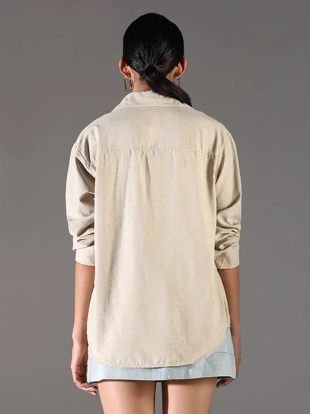 Women's Embellished Beige Shirt with Single Pocket
