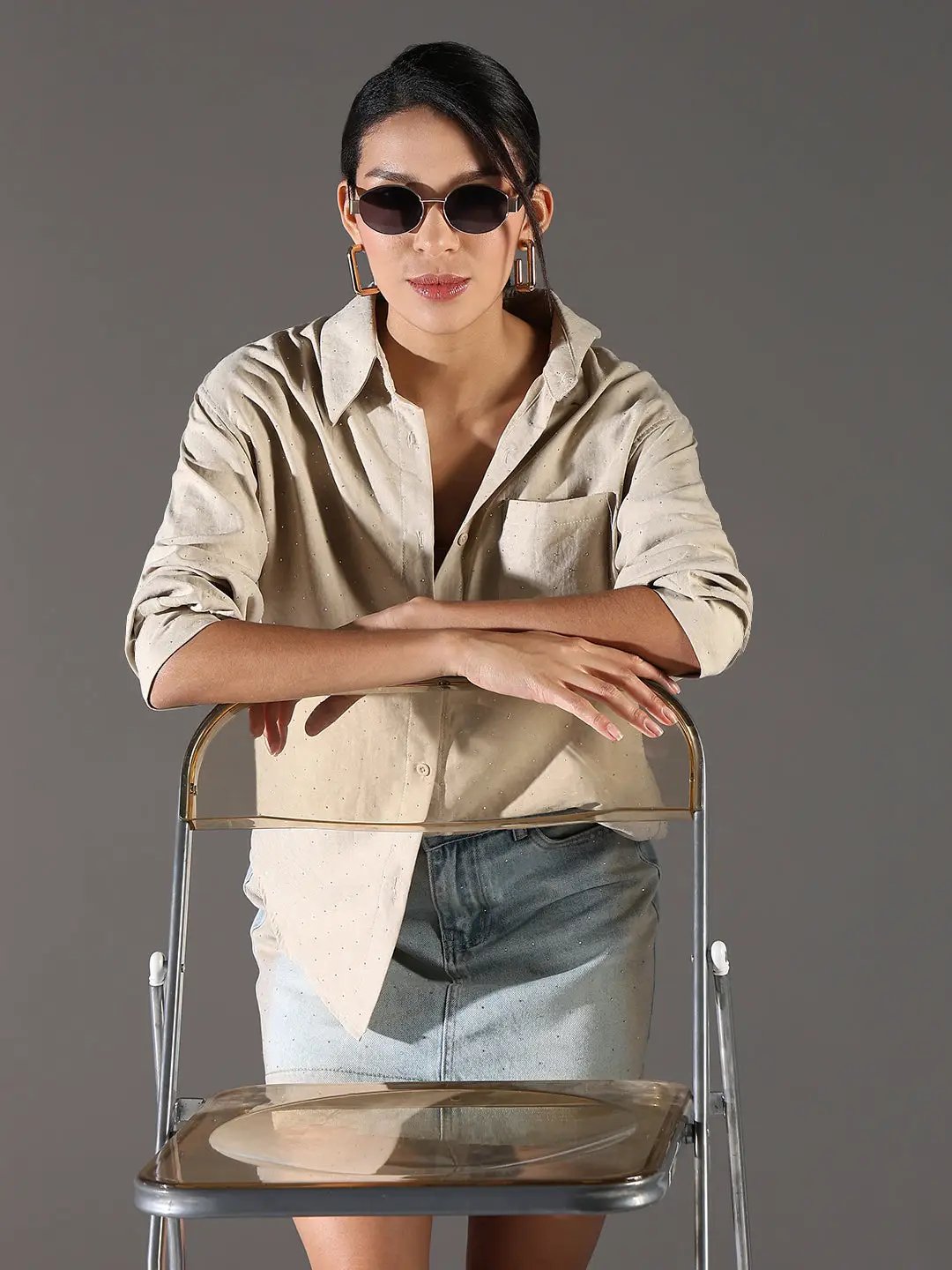 Women's Embellished Beige Shirt with Single Pocket