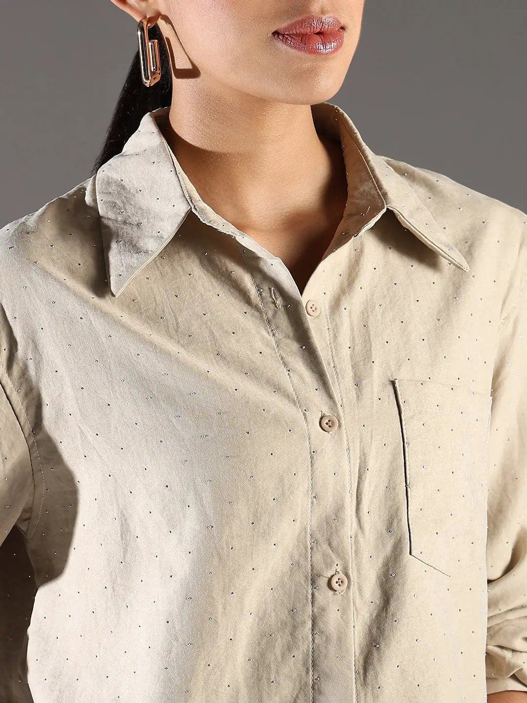 Women's Embellished Beige Shirt with Single Pocket