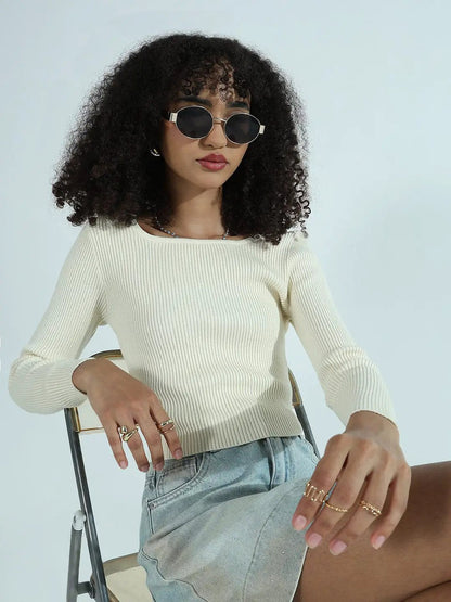 Women's Ribbed Cream Round Neck Fitted Top