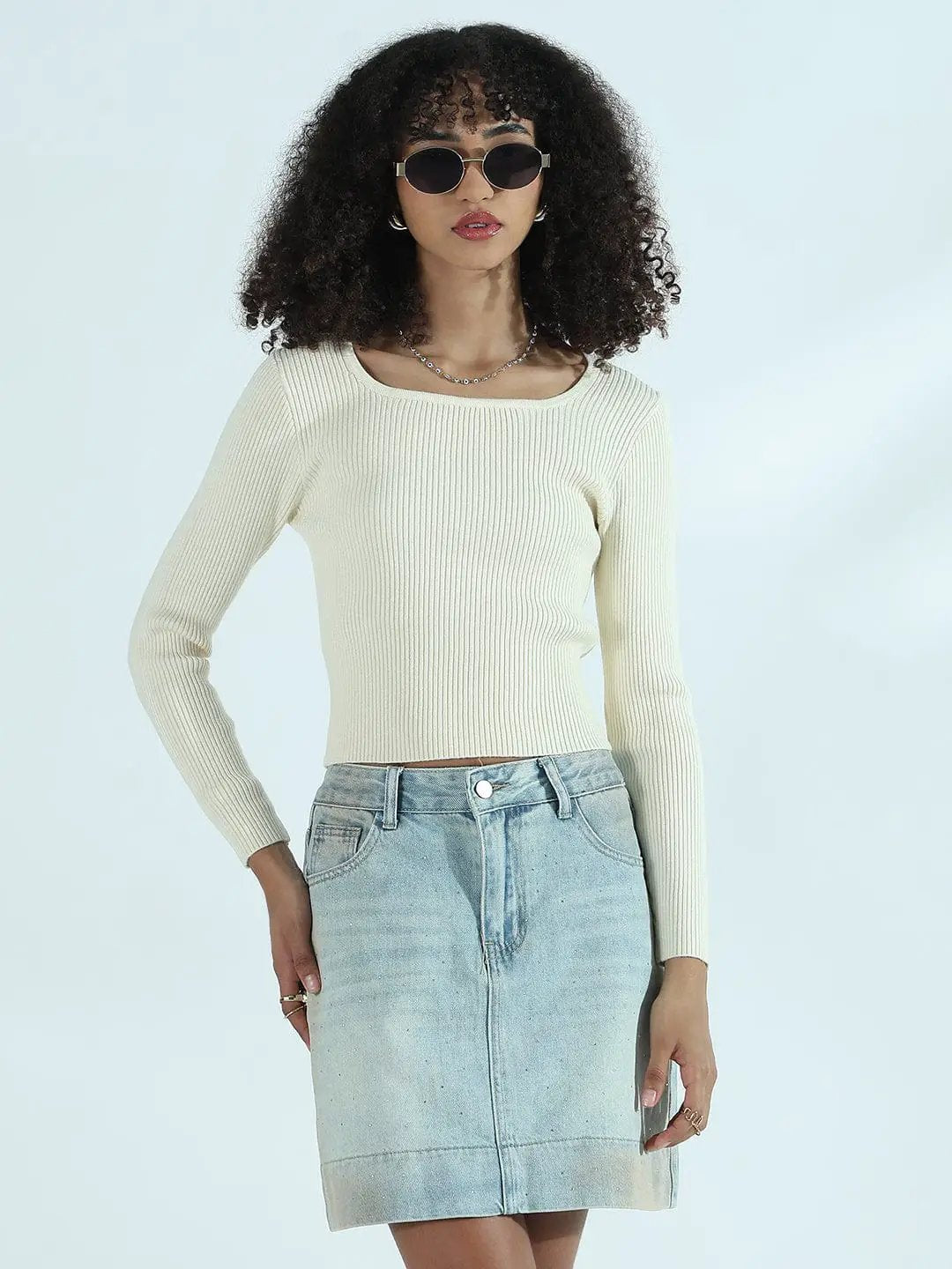 Women's Ribbed Cream Round Neck Fitted Top