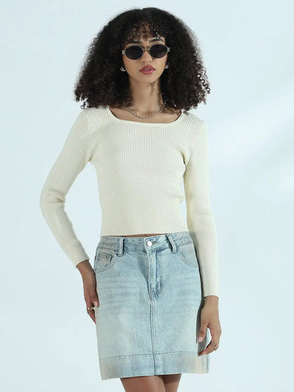 Women's Ribbed Cream Round Neck Fitted Top
