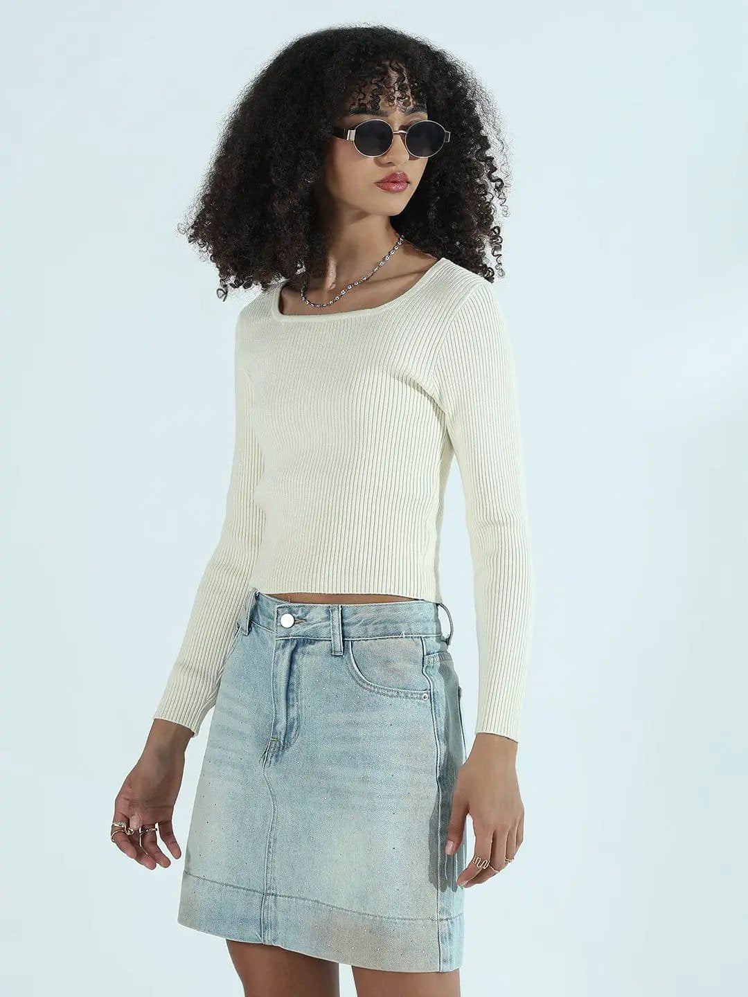 Women's Ribbed Cream Round Neck Fitted Top