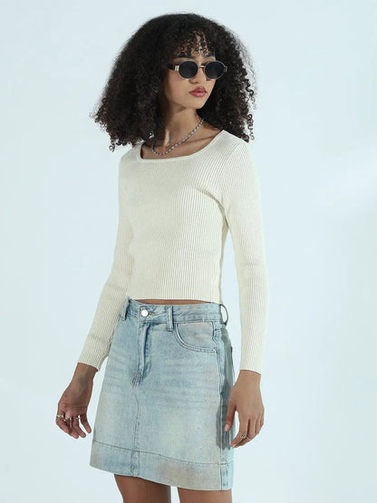 Women's Ribbed Cream Round Neck Fitted Top