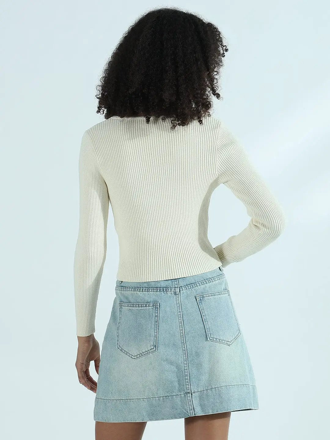 Women's Ribbed Cream Round Neck Fitted Top