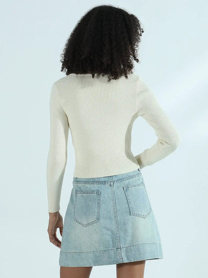 Women's Ribbed Cream Round Neck Fitted Top