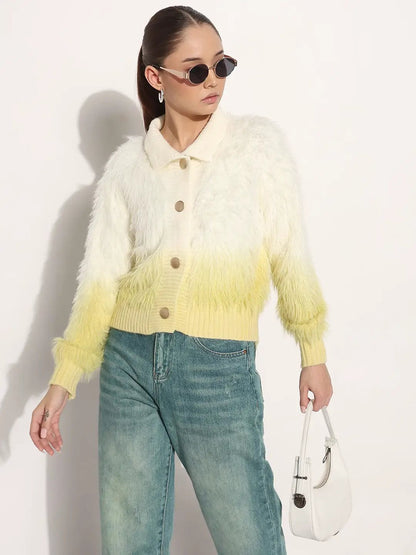 Women's Ribbed Ombre Yellow Shirt Collar Cardigan with Button Detail