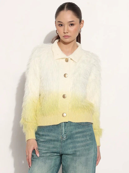 Women's Ribbed Ombre Yellow Shirt Collar Cardigan with Button Detail