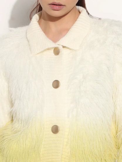 Women's Ribbed Ombre Yellow Shirt Collar Cardigan with Button Detail