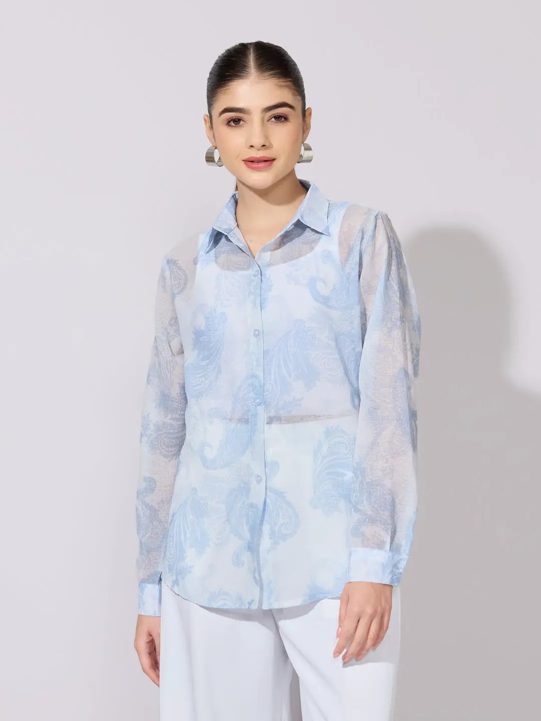 Women's Printed Blue Sheer Button-Down Shirt